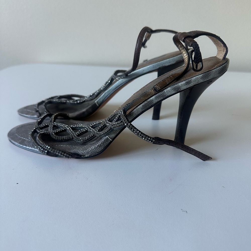 Vintage Pelle Animal Print Leopard Blue Gray Brown Strappy Sandal Heels